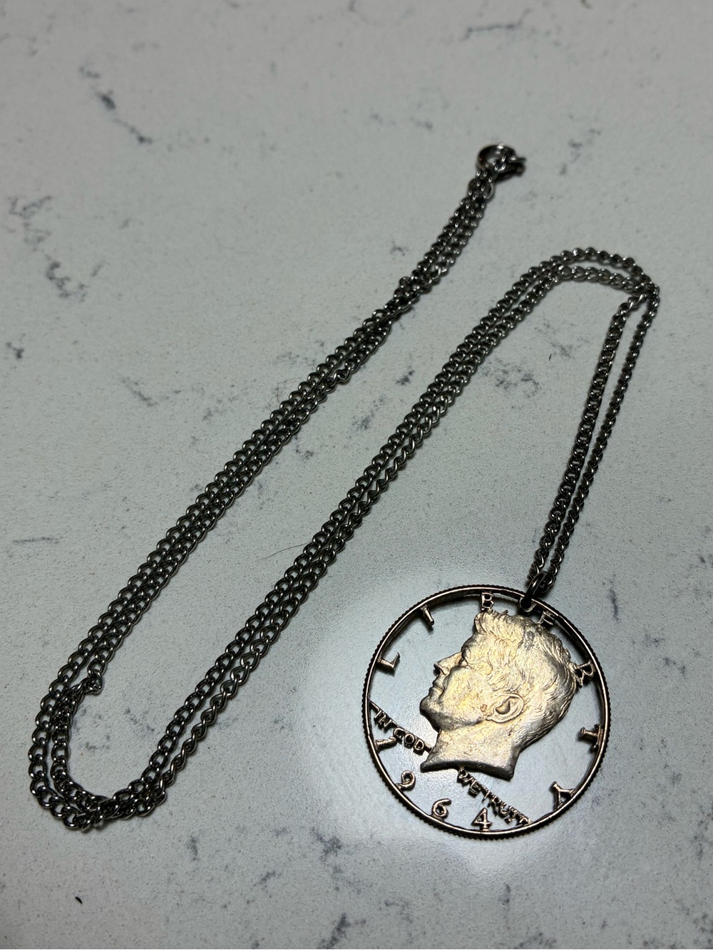 Hand Cut JFK Half Dollar Coin Necklace 1964 Silver Coin Pendant